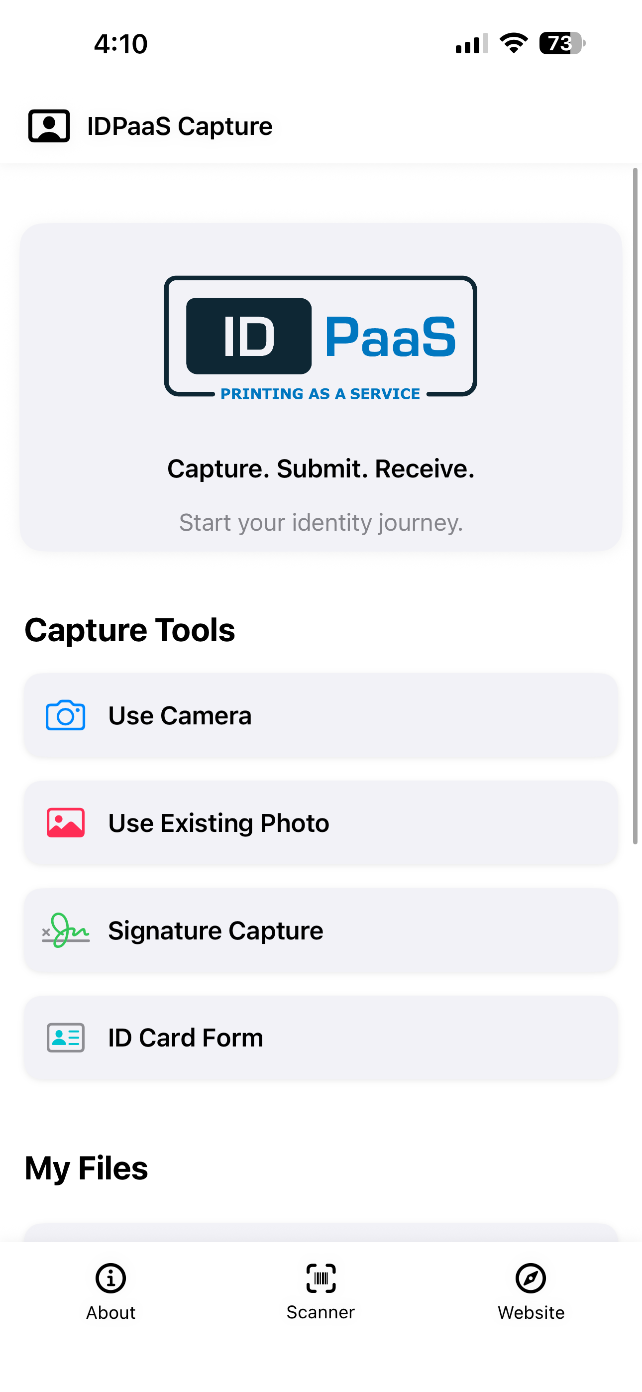 Main screen of IDPaaS Capture ID photo and badge capture app for iPhone